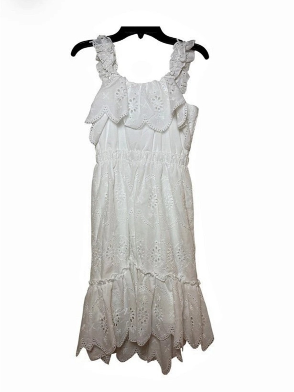 Hannah Banana White Embroidered Eyelet Scalloped Midi Dress Size 12 NWT